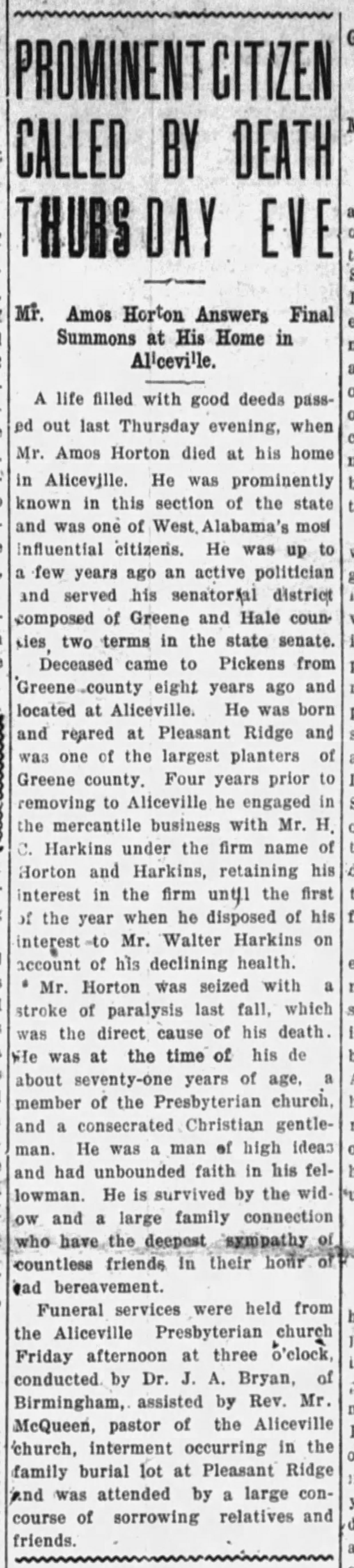 Prominent Citizen Called By Death Thursday Eve